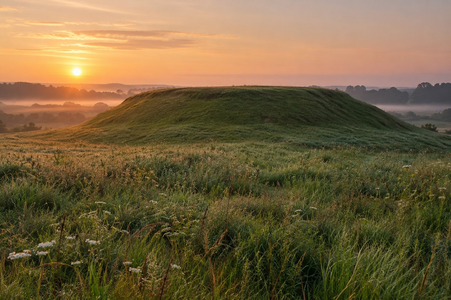 A broad grassy earthen mound beneath a pale dawn sky