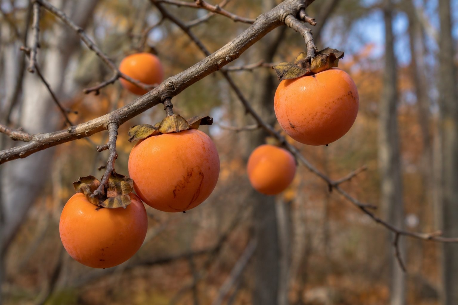 Orange persimmons on a bare branch against a muted woodland