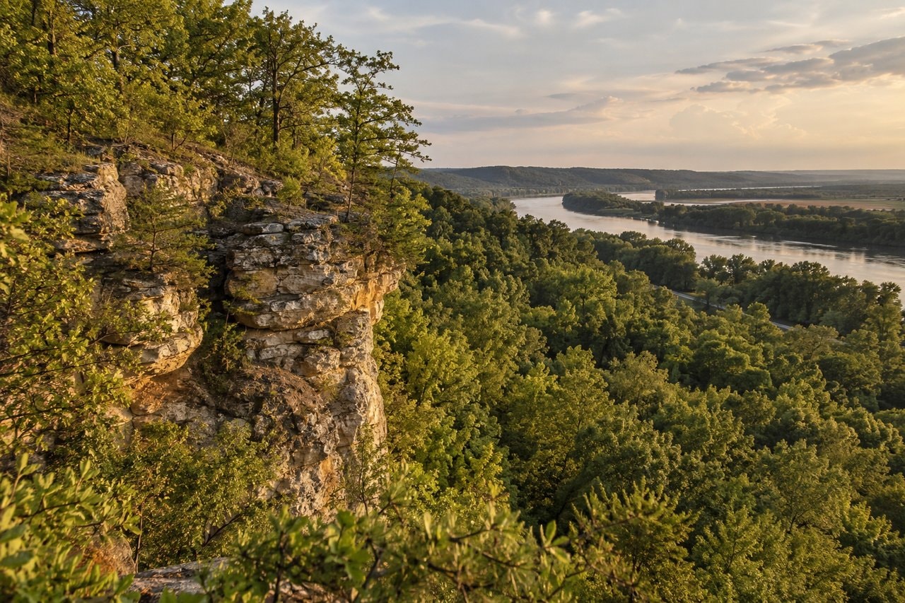 A sandstone bluff above a green river floodplain